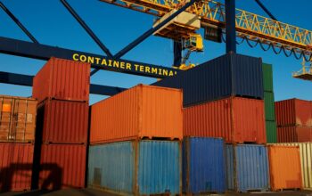 Containers in stacks at port