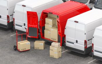 Red delivery van with open doors and hand truck with cardboard boxes iin a row of white vans. Delivery and shipping concept. 3d illustration